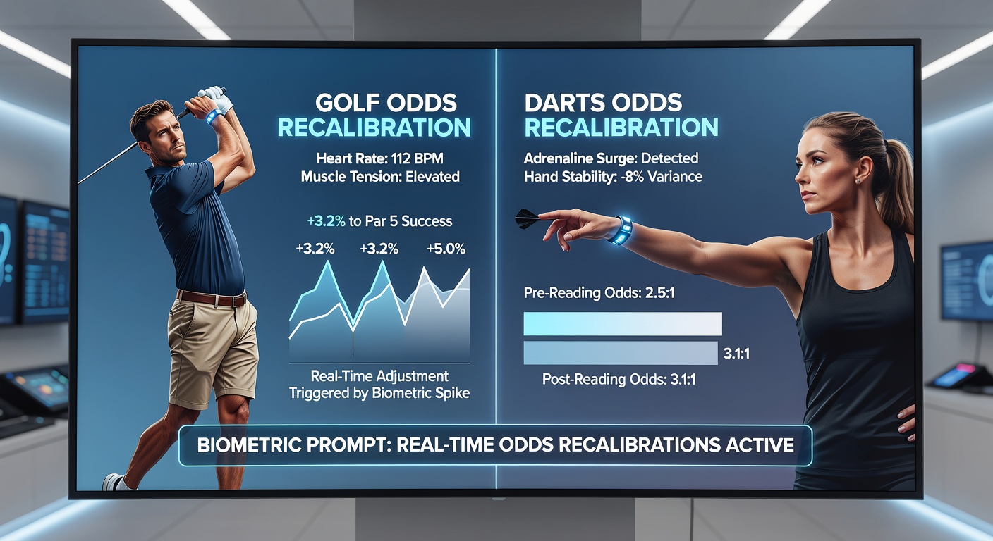 Athletes wearing biometric wristbands during a golf tournament and darts match with real-time data feeds visible on bookmaker interfaces