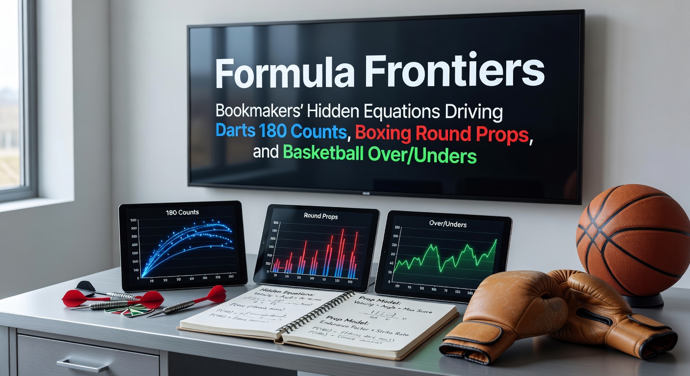 Bookmakers' data analysts poring over charts of darts trajectories, boxing punch stats, and basketball shot distributions in a high-tech trading room