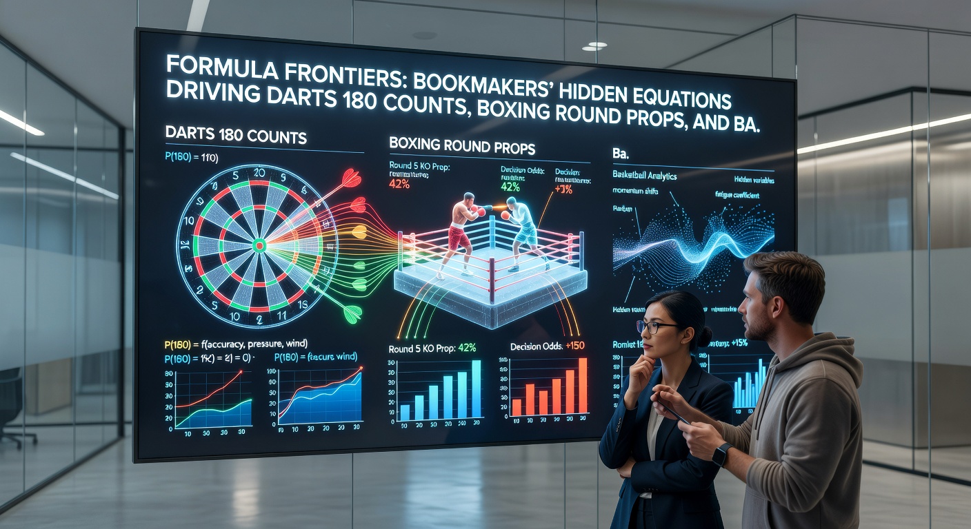 Close-up of algorithmic screens displaying probabilistic curves for boxing knockouts, darts scoring distributions, and basketball total points forecasts