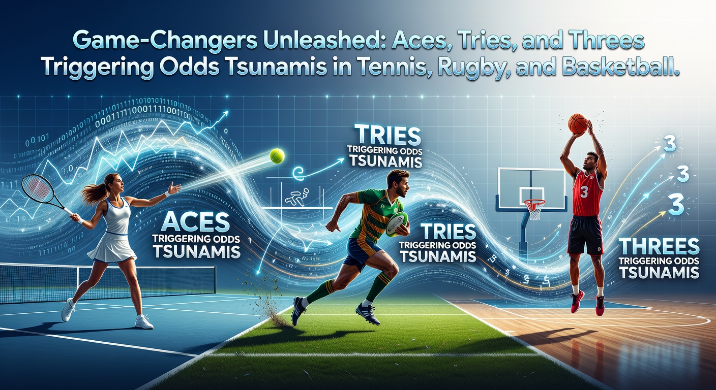 Tennis player unleashing a powerful ace serve during a high-stakes match, with odds boards flickering in the background
