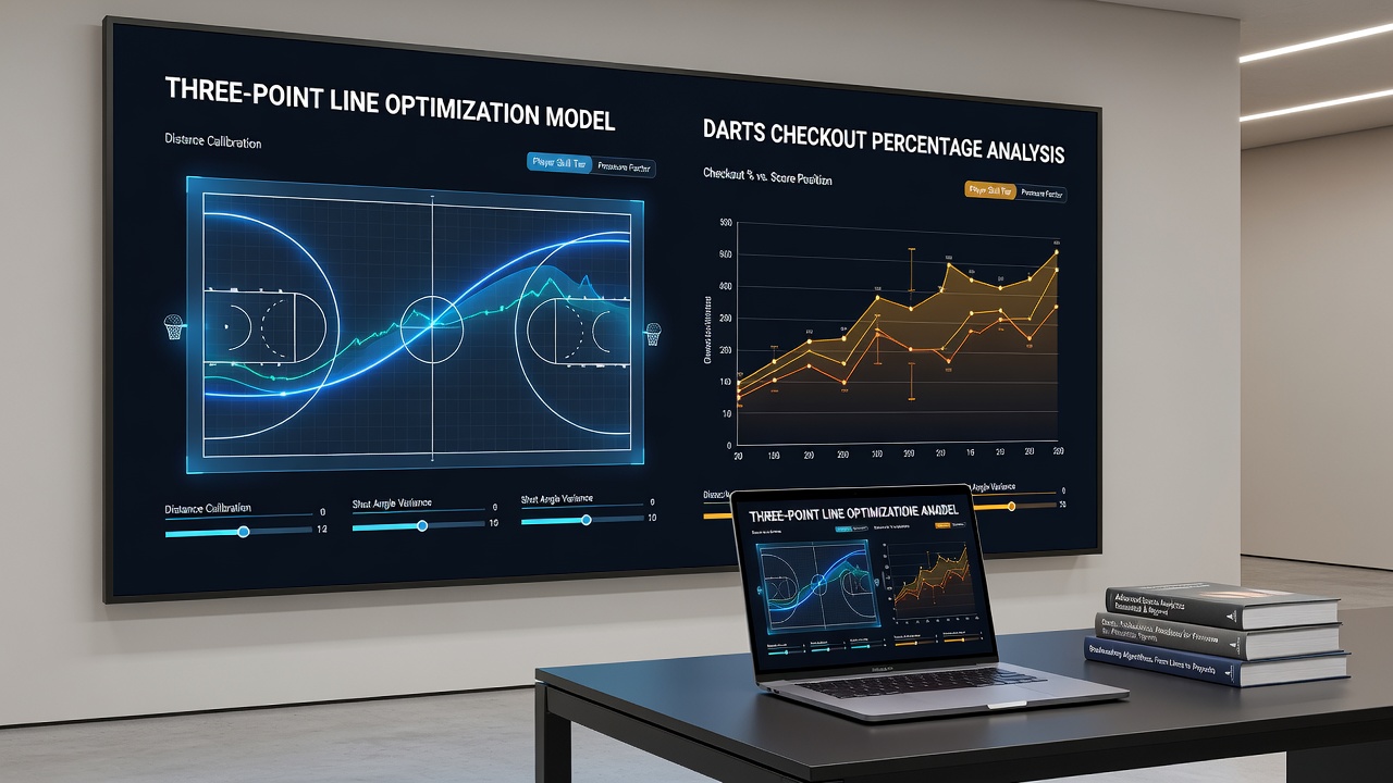 Bookmaker analysts reviewing statistical models and probability charts for basketball and darts betting lines