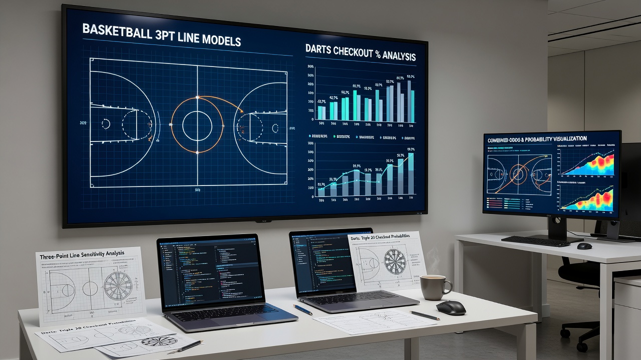 Data visualization screens displaying darts checkout probability curves next to basketball three-point line adjustments