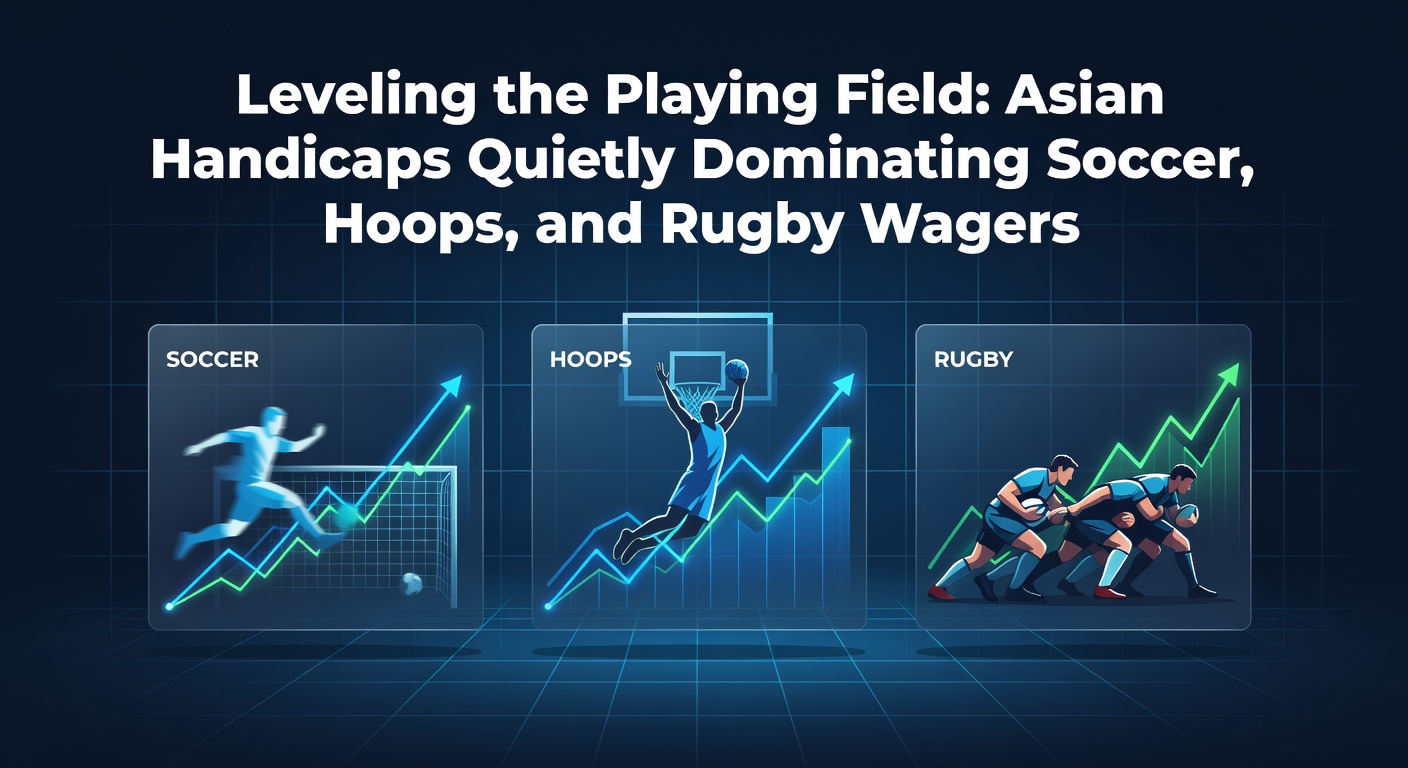 A dynamic split-screen graphic showing soccer players in action, basketball hoops with flying balls, and rugby tackles under floodlights, overlaid with Asian handicap betting lines adjusting in real-time