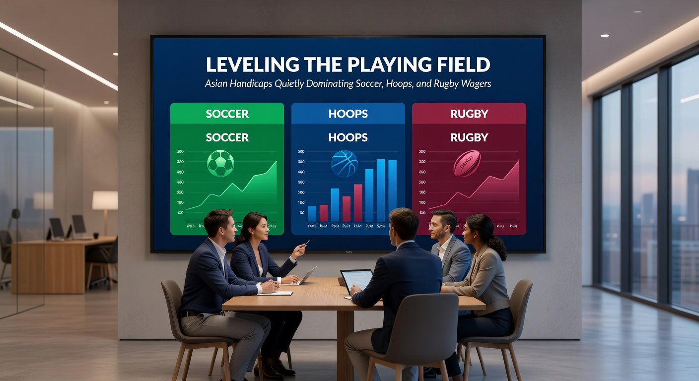 Close-up of an NBA player driving to the basket amid defenders, with overlaid Asian handicap charts showing line movements during a tight fourth quarter, next to rugby and soccer icons