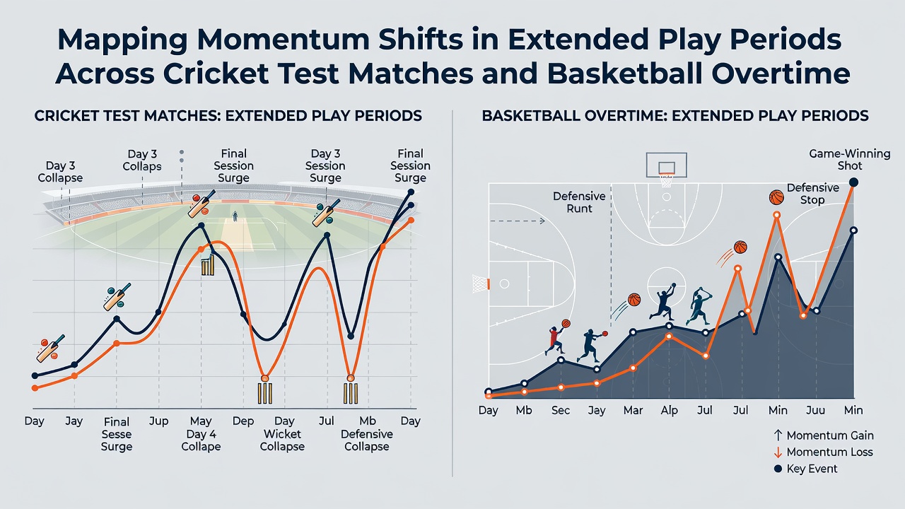 Chart showing scoring streaks and defensive adjustments in basketball overtime alongside cricket partnership data