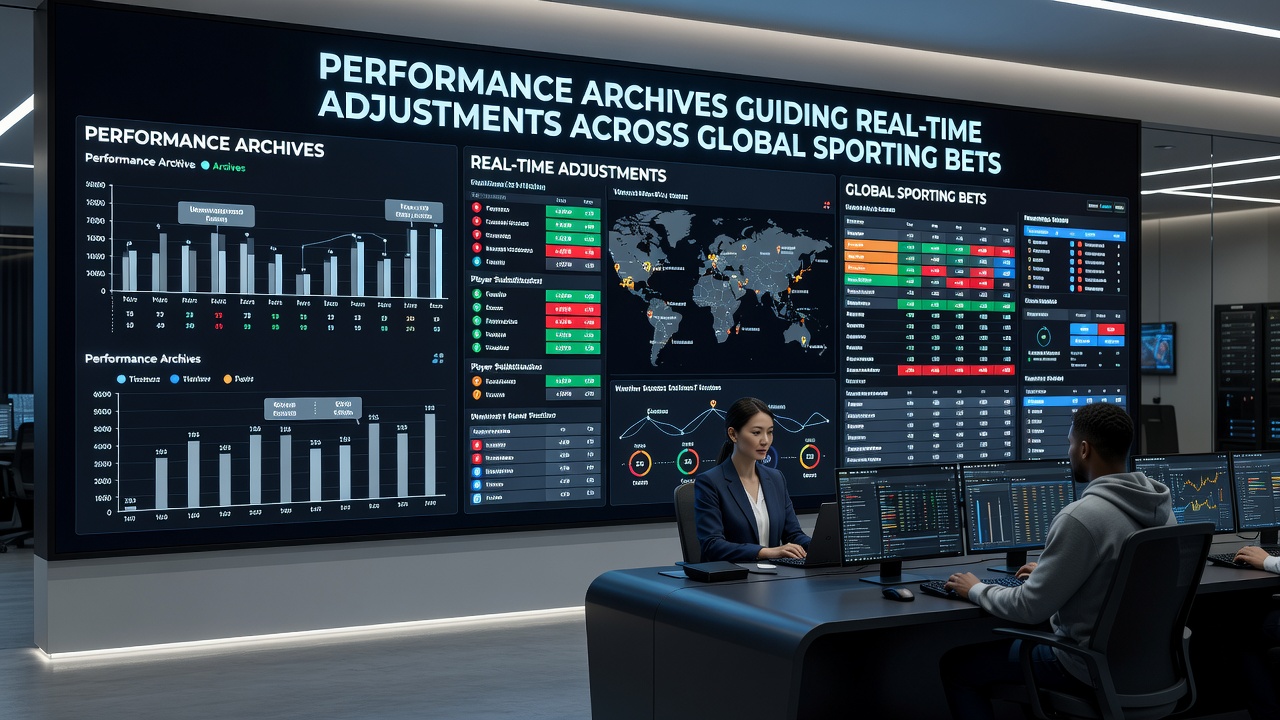Analysts reviewing archived performance metrics on multiple monitors during a live international sporting event