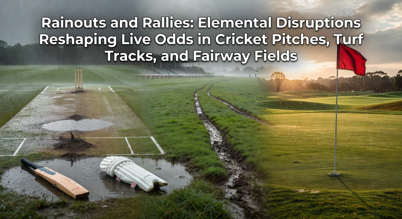 Cricketers covering pitch during rain delay on a waterlogged field, with betting odds screens in background showing live shifts