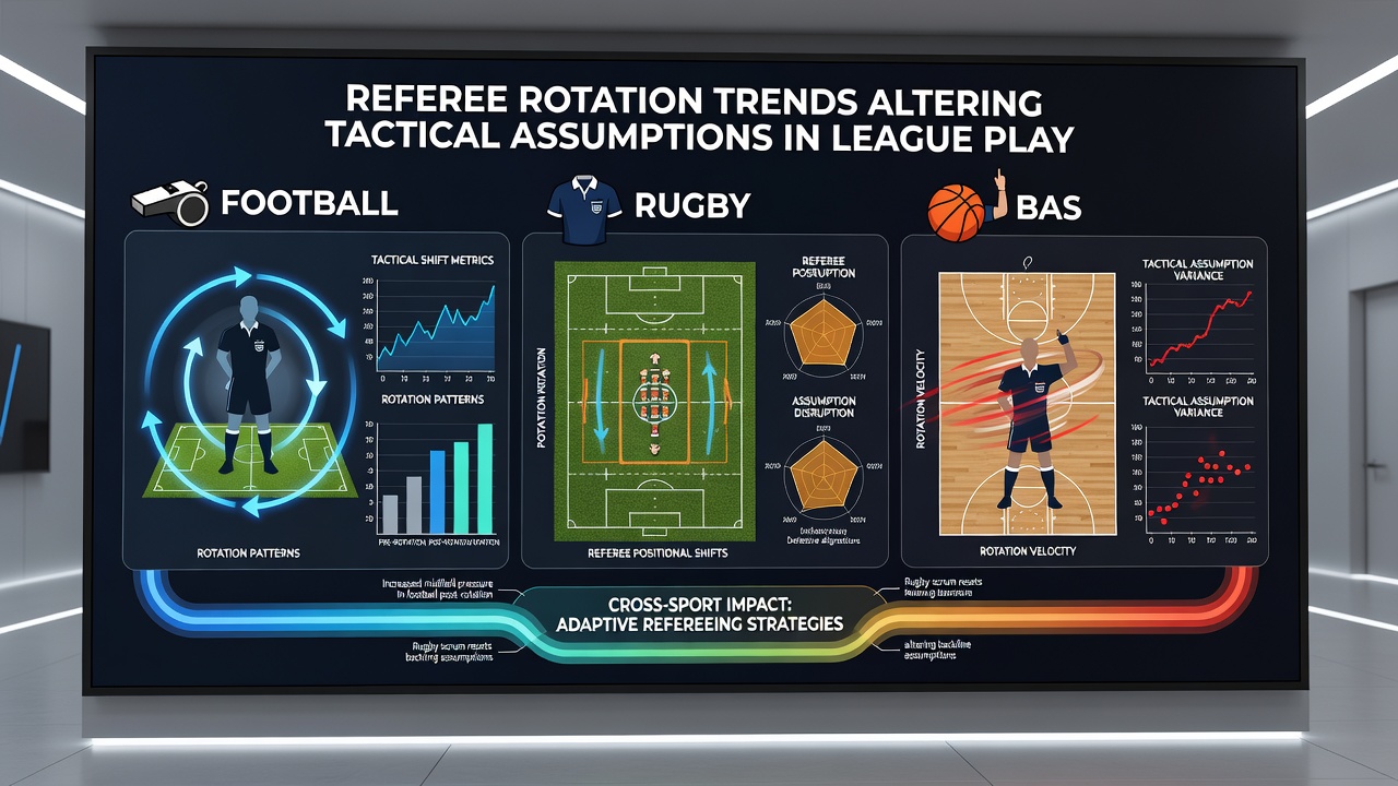 Rugby and basketball officials in action during league competitions illustrating rotation effects
