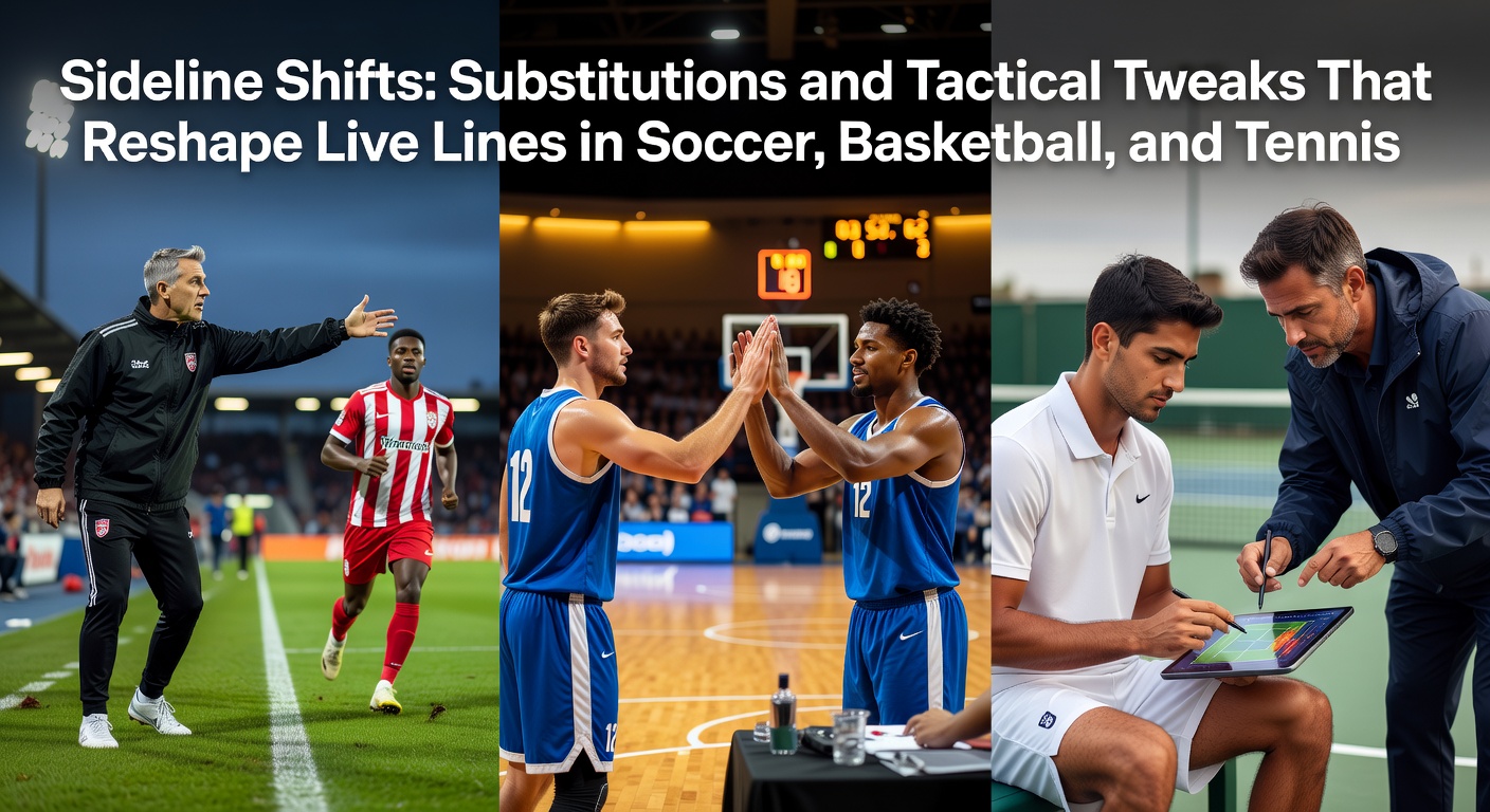 Soccer coach signals substitution during a tense match, with live betting odds updating on screens in the background