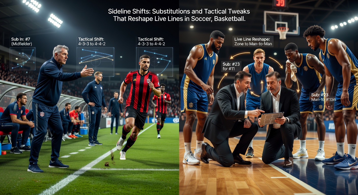 Basketball coach calls timeout for tactical adjustment, overlay showing live odds shifting on betting app