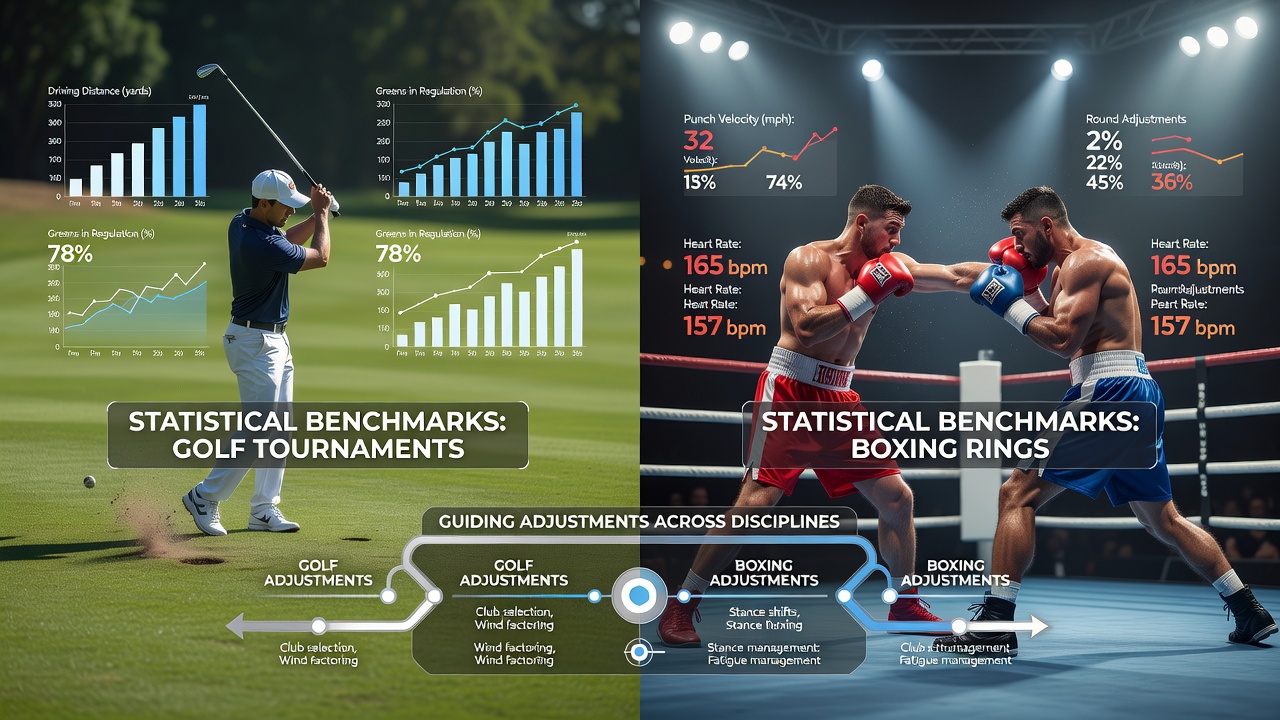 Golf tournament fairway with data overlay charts showing strokes gained metrics and live odds adjustments