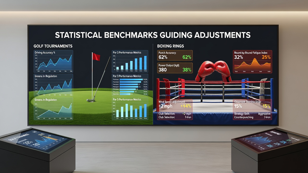 Boxing ring corner with statistical dashboard displaying punch accuracy rates and live betting line changes