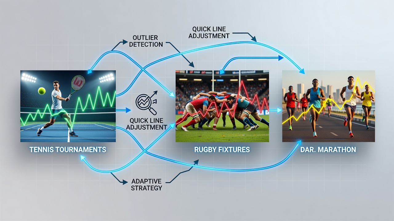 Live data dashboards displaying outlier metrics in rugby and darts competitions