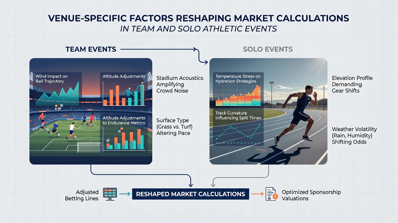 Indoor and outdoor venue layouts impacting solo athletic event calculations