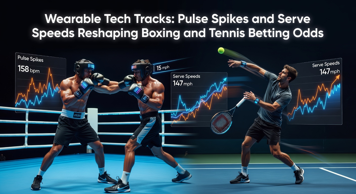 A boxer wearing a smartwatch-like device on wrist, displaying real-time heart rate data during a match, with overlaid betting odds shifting on screen