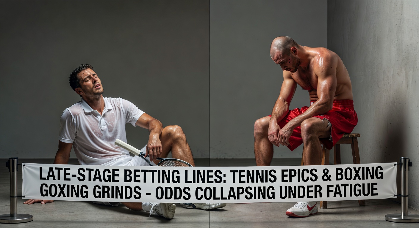 Exhausted tennis player slumped over racket during a five-set marathon, sweat dripping as the crowd watches intently